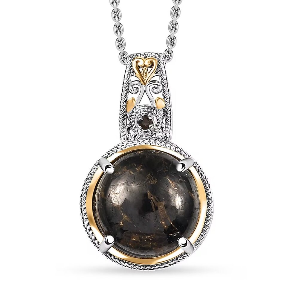 Silver Shungite Pendant in 14K YG and Platinum w/ Stainless Steel 20" Necklace